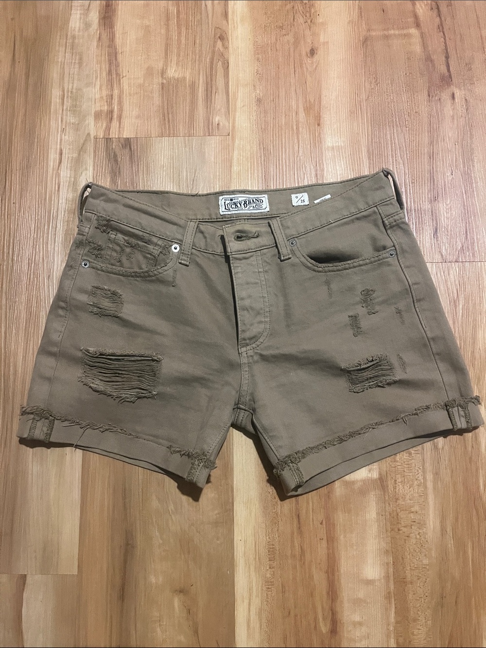 Lucky Brand Olive-Tone Distressed Denim Shorts